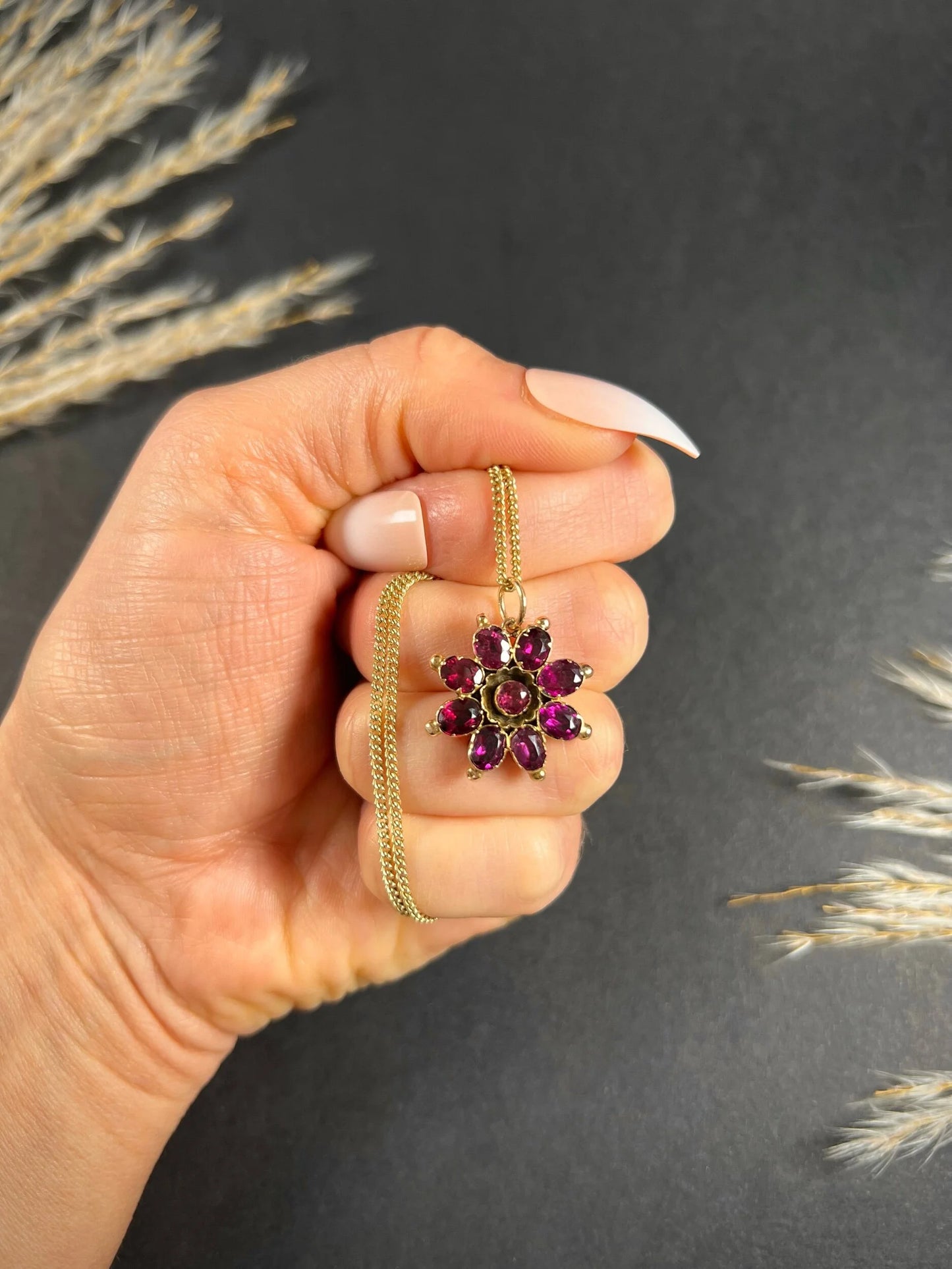 Antique 9ct Rose Gold, Early Victorian Almandine Garnet Floral Pendant