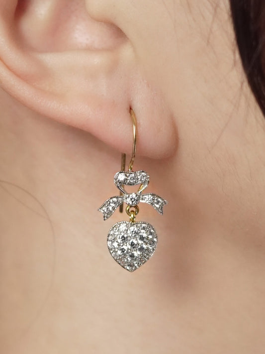 1.20ct Diamond Heart and Bow Drop Earrings in 14ct Gold