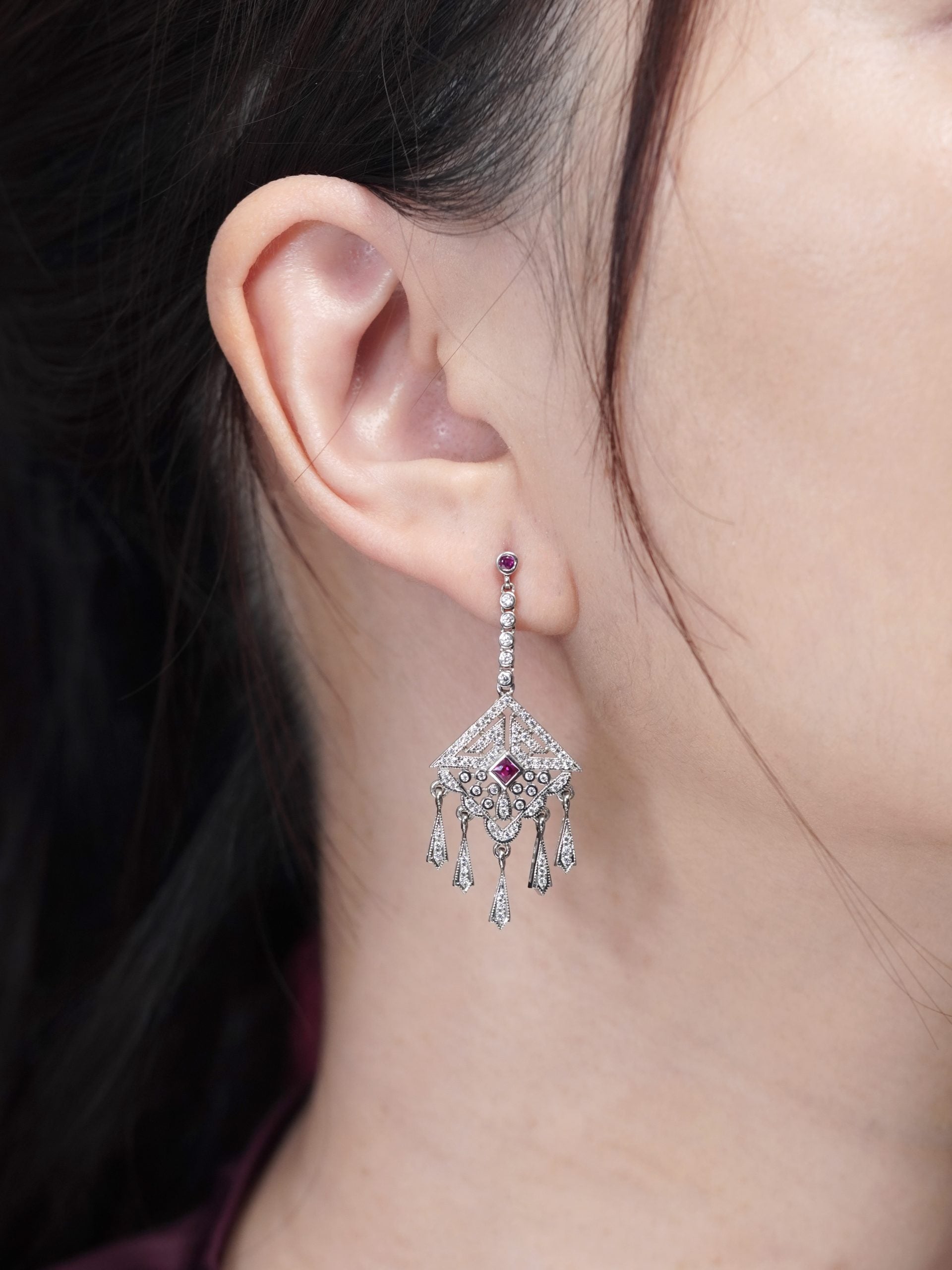Ruby and Diamond Cluster Drop Earrings with Fringe Pendant Drops