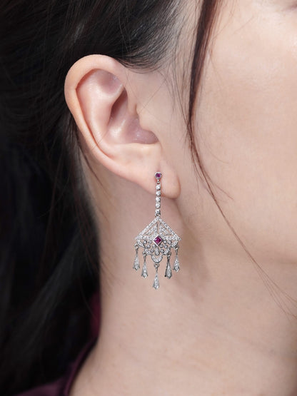 Ruby and Diamond Cluster Drop Earrings with Fringe Pendant Drops