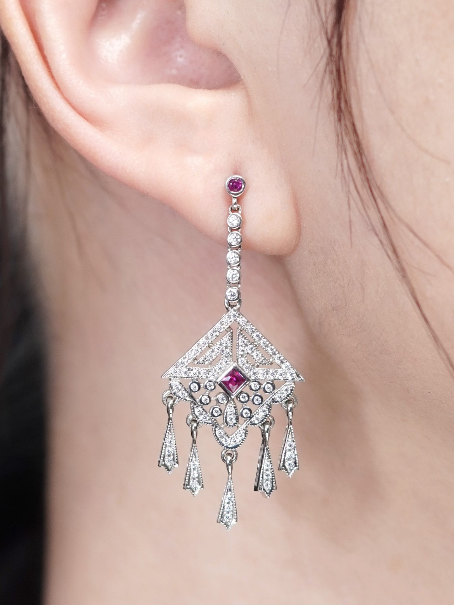 Ruby and Diamond Cluster Drop Earrings with Fringe Pendant Drops