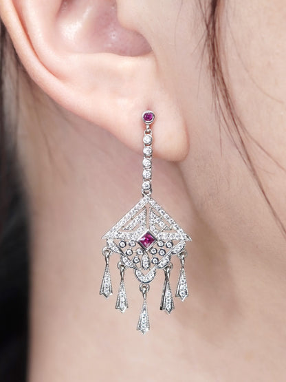 Ruby and Diamond Cluster Drop Earrings with Fringe Pendant Drops