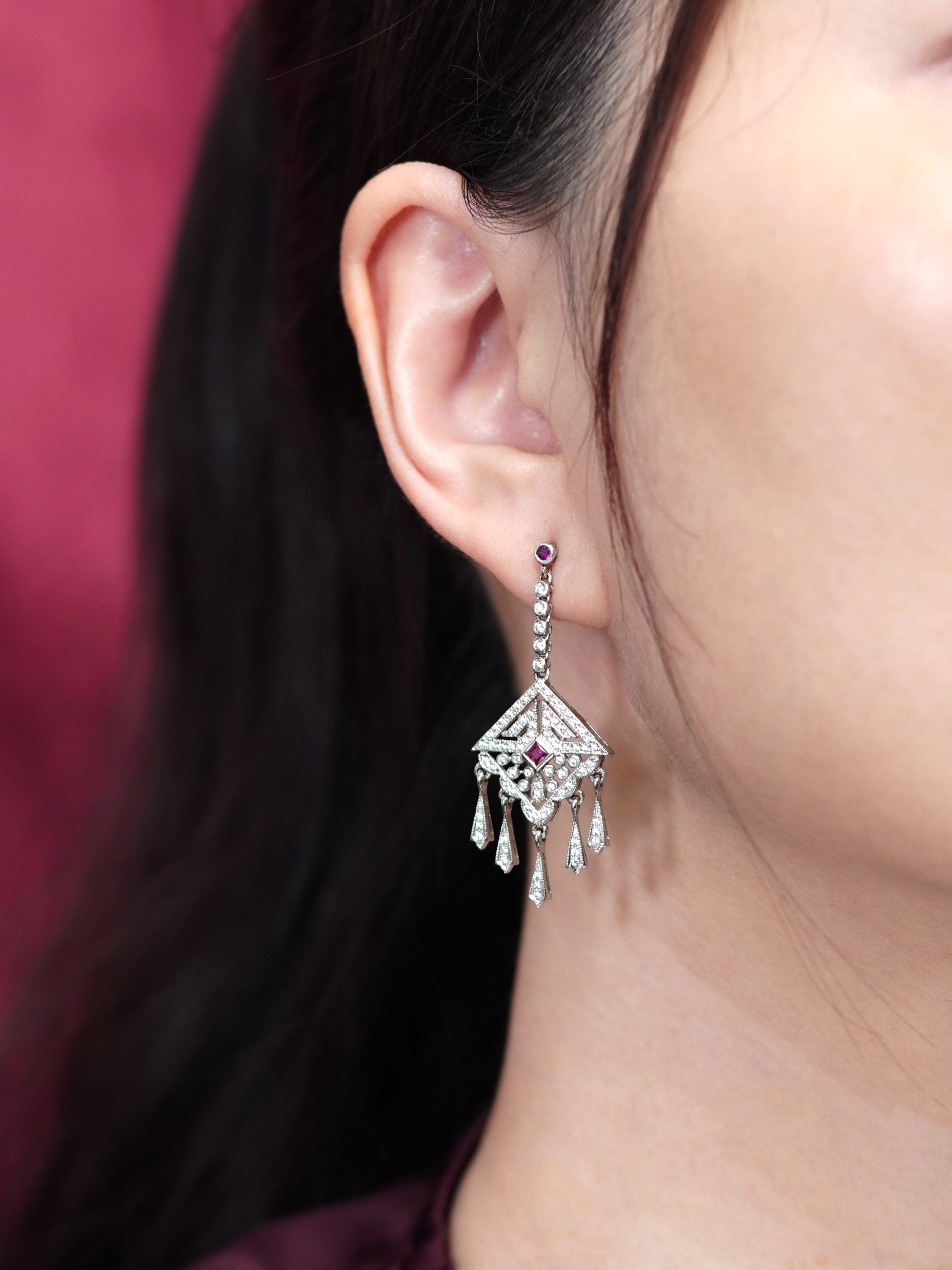 Ruby and Diamond Cluster Drop Earrings with Fringe Pendant Drops