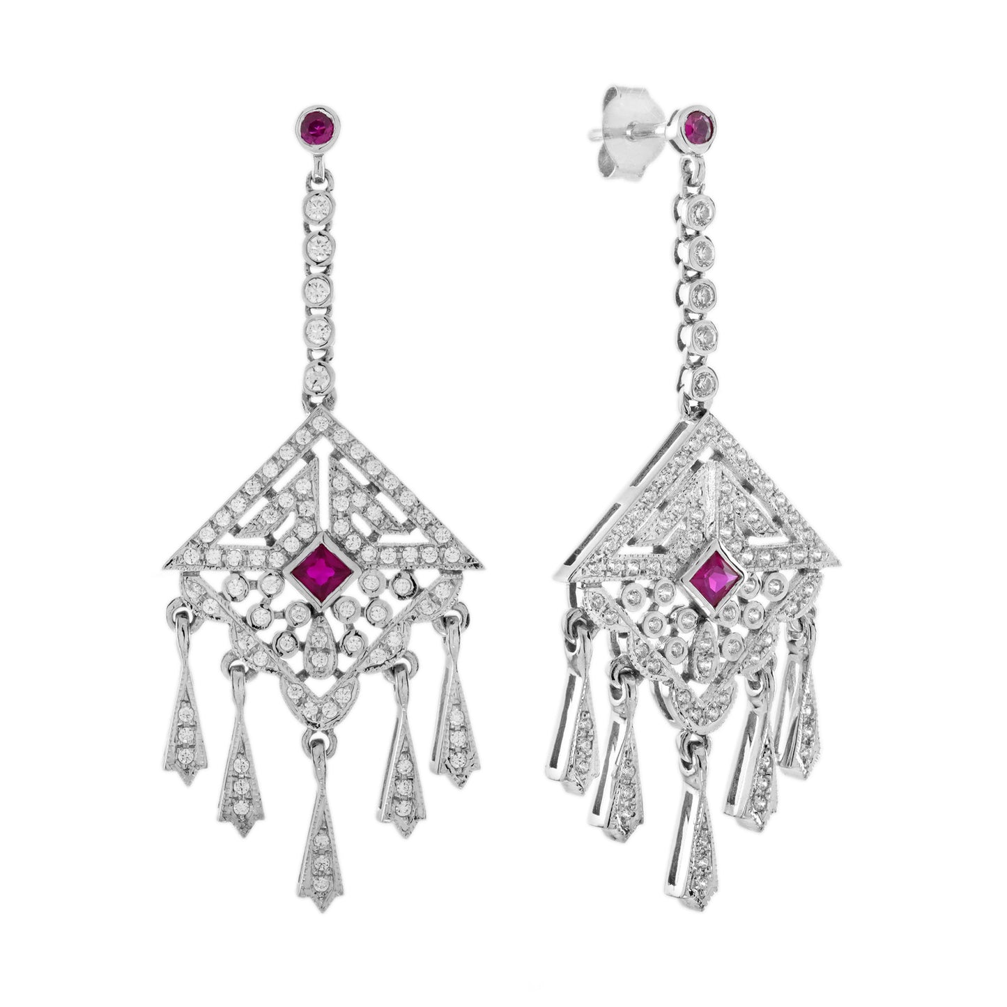Ruby and Diamond Cluster Drop Earrings with Fringe Pendant Drops