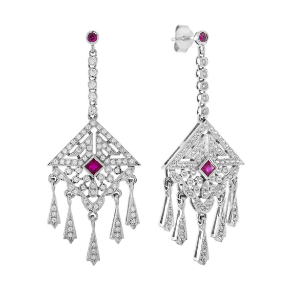 Ruby and Diamond Cluster Drop Earrings with Fringe Pendant Drops