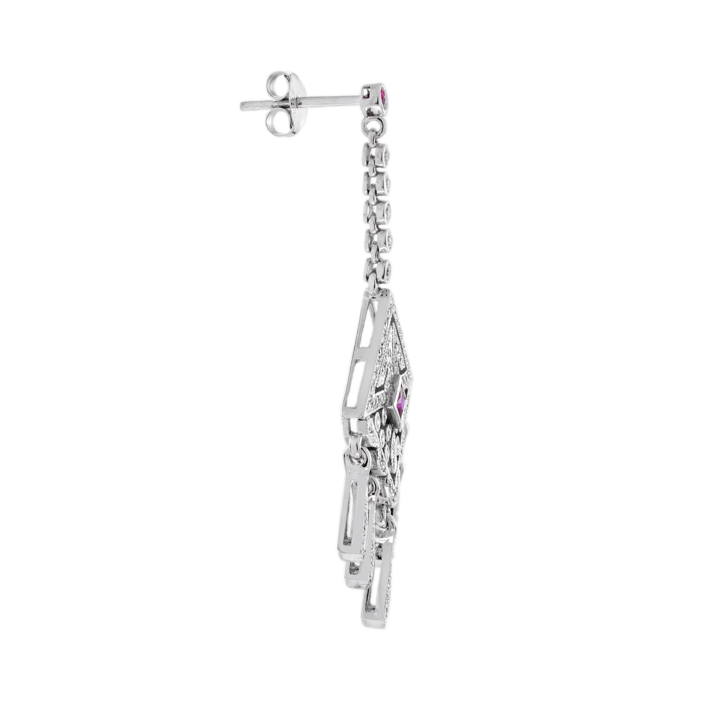 Ruby and Diamond Cluster Drop Earrings with Fringe Pendant Drops
