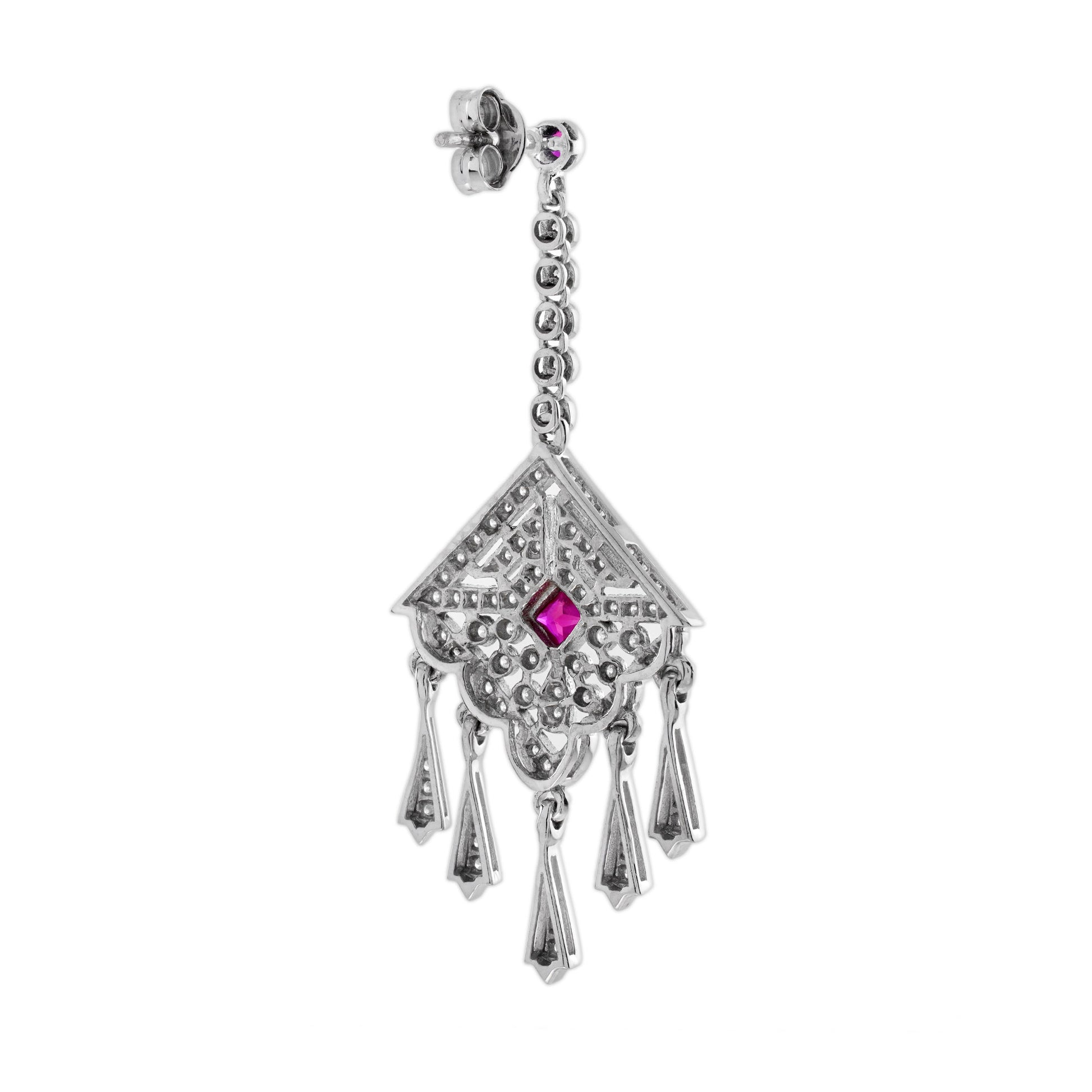 Ruby and Diamond Cluster Drop Earrings with Fringe Pendant Drops