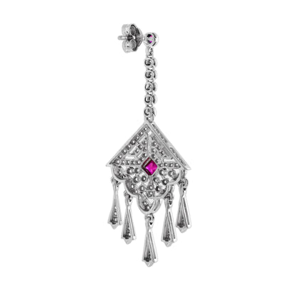Ruby and Diamond Cluster Drop Earrings with Fringe Pendant Drops