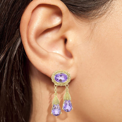 Vintage Style Amethyst Double Drop Earrings in Yellow Gold