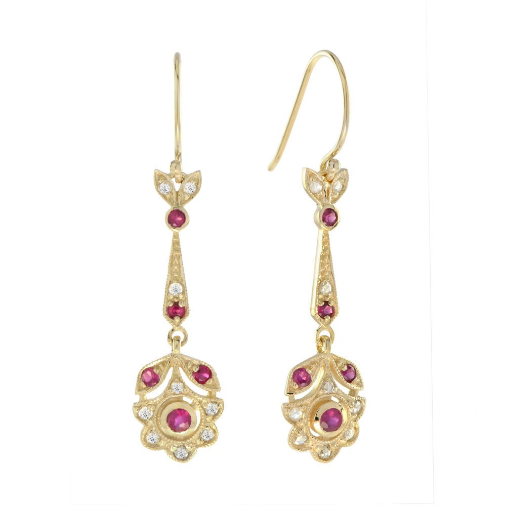 Ruby and Diamond Drop Earrings in Yellow Gold
