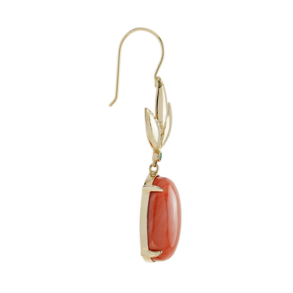 28.40ct Cabochon Coral and 18ct Yellow Gold Leaves Drop Earrings with Diamonds and Emeralds