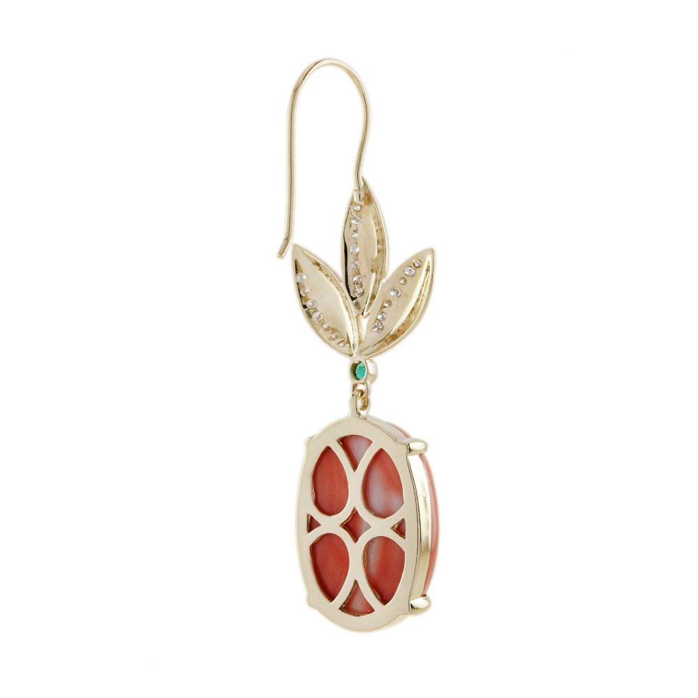 28.40ct Cabochon Coral and 18ct Yellow Gold Leaves Drop Earrings with Diamonds and Emeralds