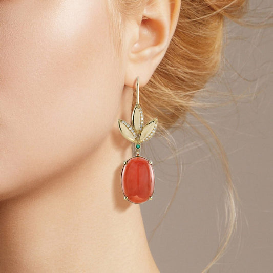 28.40ct Cabochon Coral and 18ct Yellow Gold Leaves Drop Earrings with Diamonds and Emeralds