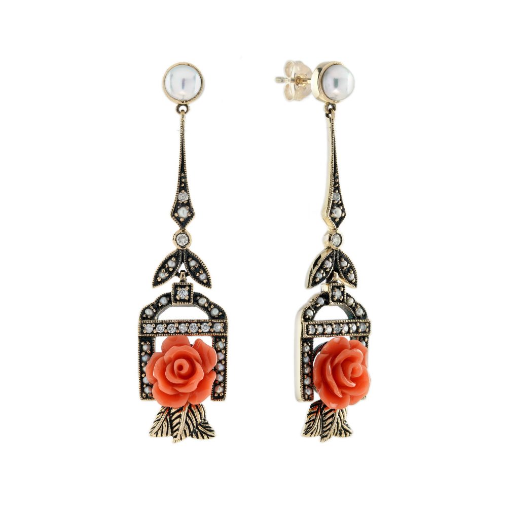 Decorative Rose Carved Coral Pearl and Diamond Drop Earrings