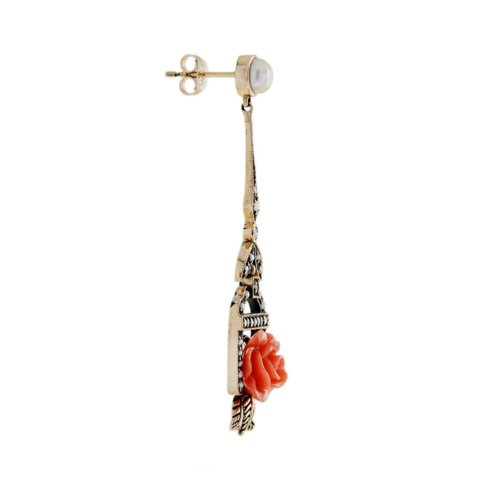 Decorative Rose Carved Coral Pearl and Diamond Drop Earrings
