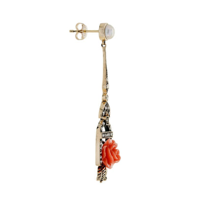 Decorative Rose Carved Coral Pearl and Diamond Drop Earrings