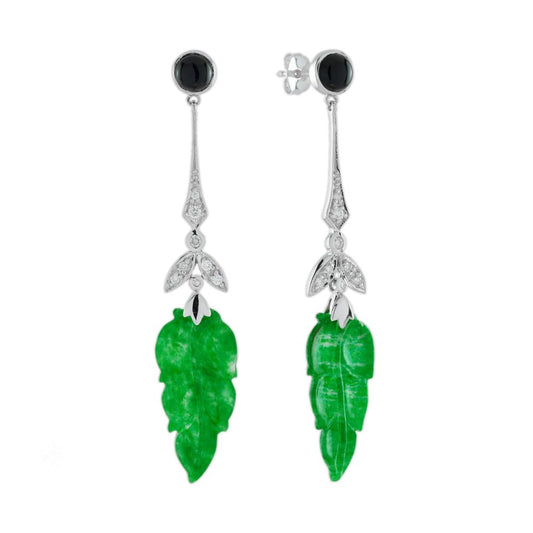 Carved Jadeite Jade Onyx and Diamond Leaf Drop Earrings