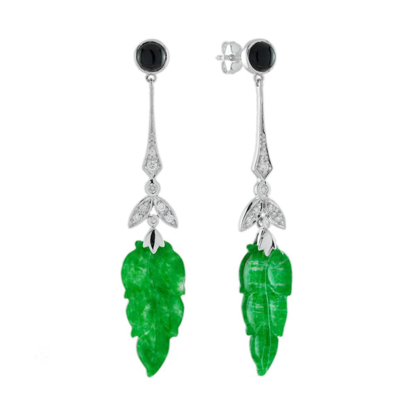 Carved Jadeite Jade Onyx and Diamond Leaf Drop Earrings