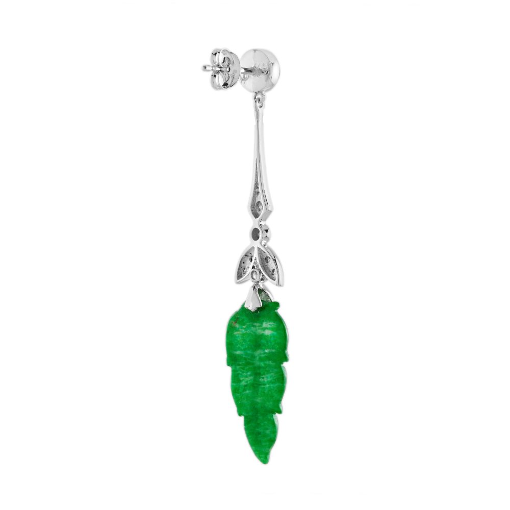 Carved Jadeite Jade Onyx and Diamond Leaf Drop Earrings