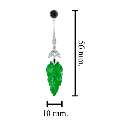 Carved Jadeite Jade Onyx and Diamond Leaf Drop Earrings