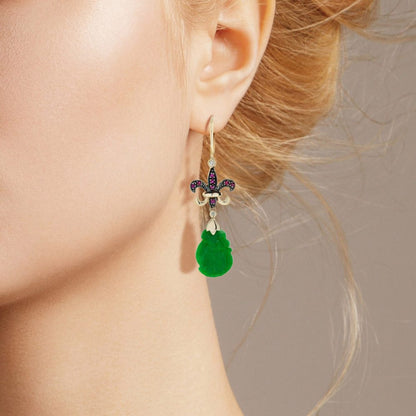Carved Jade Drop Earrings with Ruby Fleur de Lis Tops with diamonds
