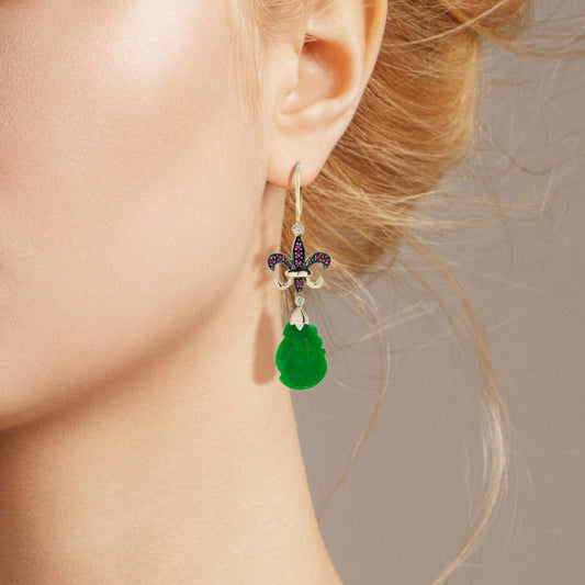 Carved Jade Drop Earrings with Ruby Fleur de Lis Tops with diamonds