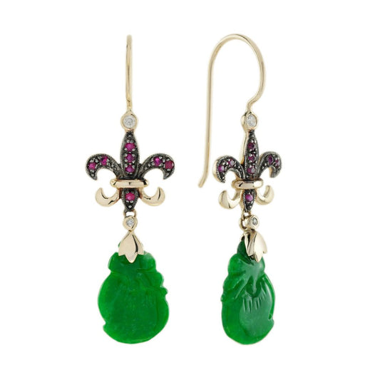 Carved Jade Drop Earrings with Ruby Fleur de Lis Tops with diamonds