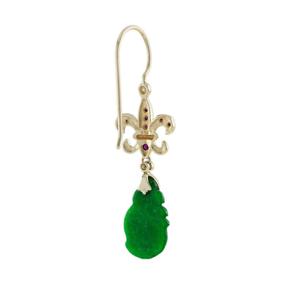 Carved Jade Drop Earrings with Ruby Fleur de Lis Tops with diamond accents in 9ct yellow gold with French wire fittings