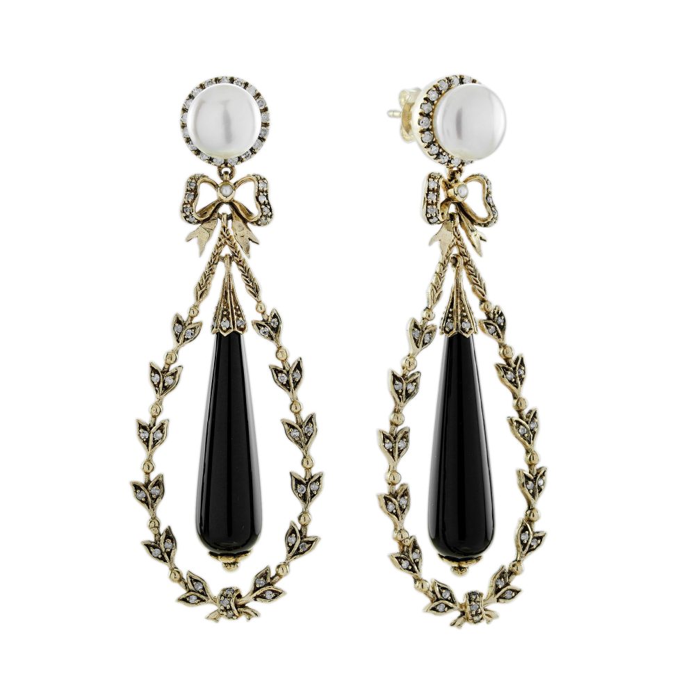 Antique Style Black Onyx and Pearl Drop Earrings