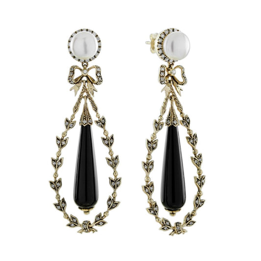 Antique Style Black Onyx and Pearl Drop Earrings