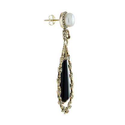 Antique Style Black Onyx and Pearl Drop Earrings