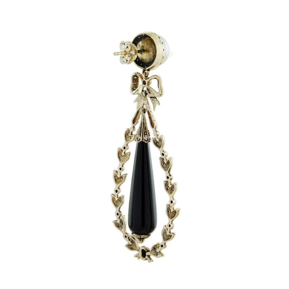 Antique Style Black Onyx and Pearl Drop Earrings