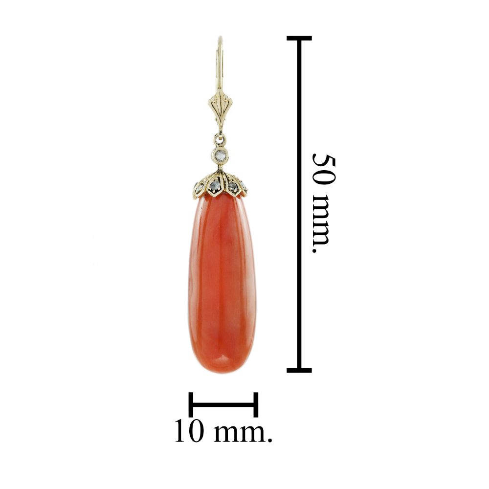 Coral Drop Earrings with Rose Cut Diamonds, 44.95 carats vivid orange natural coral torpedo shaped cabochon drops topped with rose cut diamond set gold caps