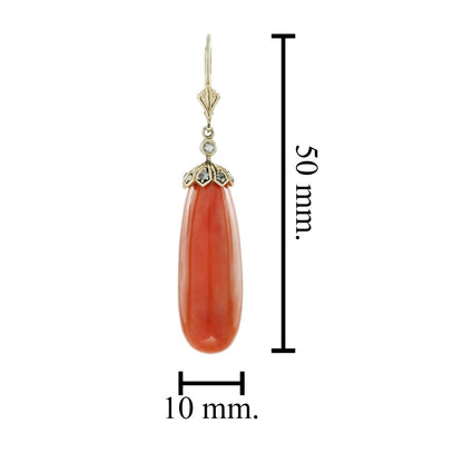 Coral Drop Earrings with Rose Cut Diamonds, 44.95 carats vivid orange natural coral torpedo shaped cabochon drops topped with rose cut diamond set gold caps