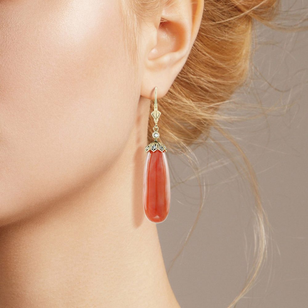 Vivid Orange Coral Drop Earrings with Rose Cut Diamond Caps