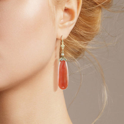 Vivid Orange Coral Drop Earrings with Rose Cut Diamond Caps