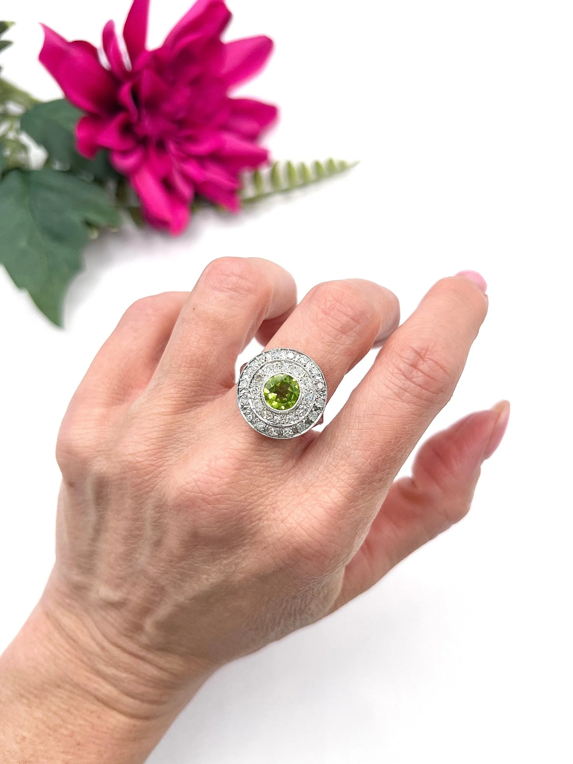Vintage 18ct Gold French, 1940s Peridot and Diamond Double Halo Ring