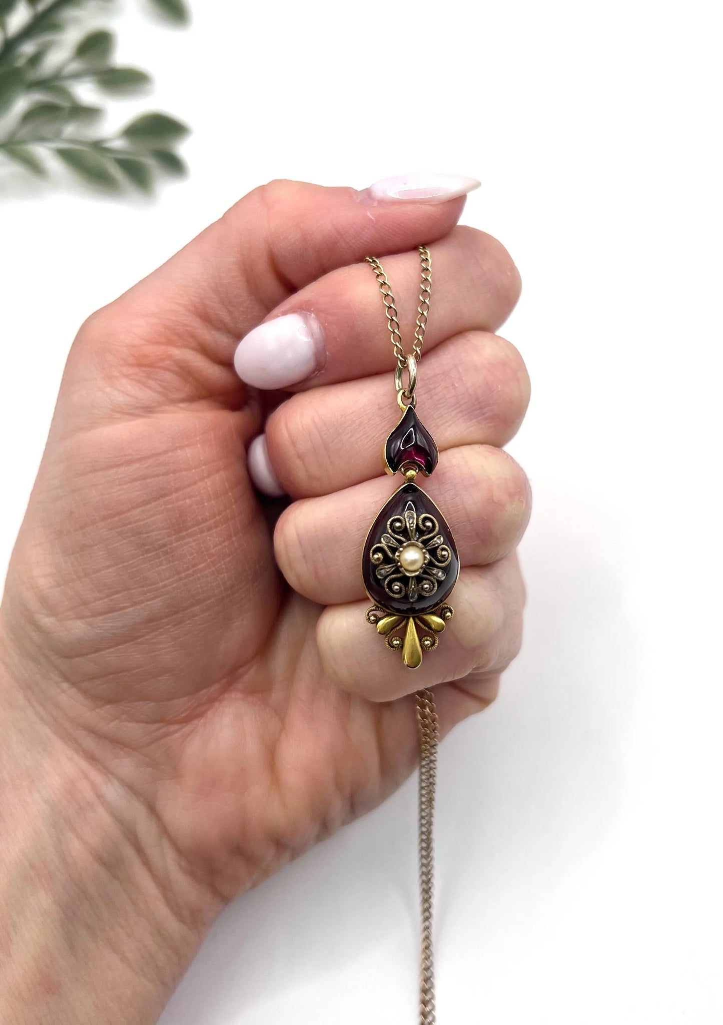 Victorian 15 Carat Gold Cabochon Garnet, Diamond and Seed Pearl Pendant, Circa 1860