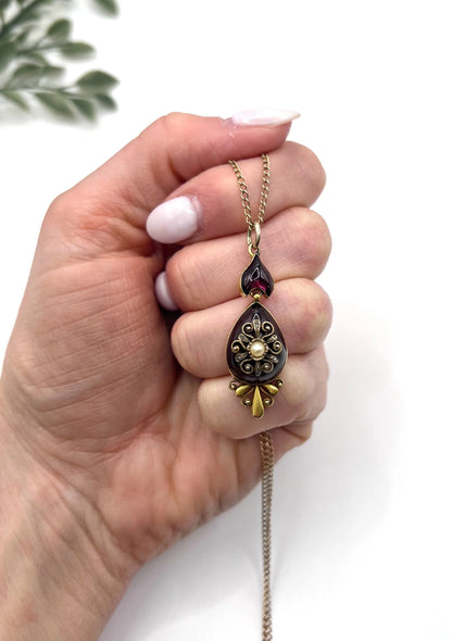 Victorian 15 Carat Gold Cabochon Garnet, Diamond and Seed Pearl Pendant, Circa 1860
