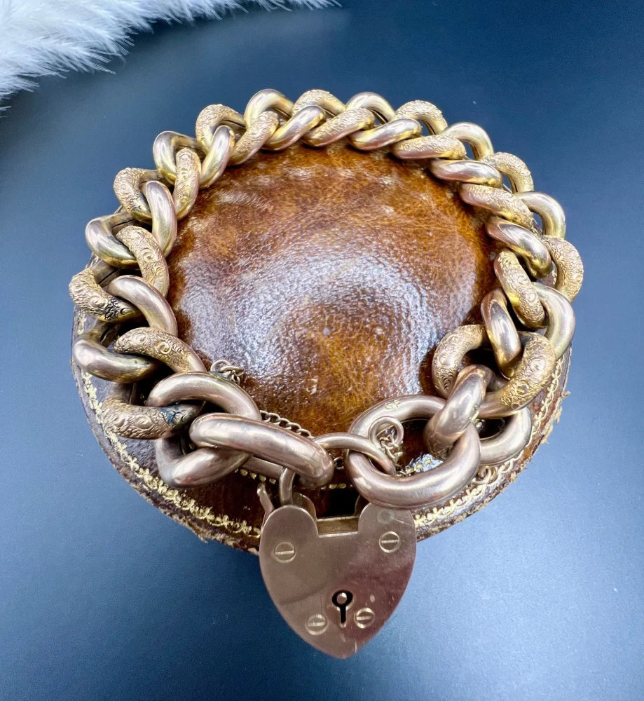 Antique 9 Carat Rose Gold Night & Day Curb Bracelet With Heart Padlock Clasp