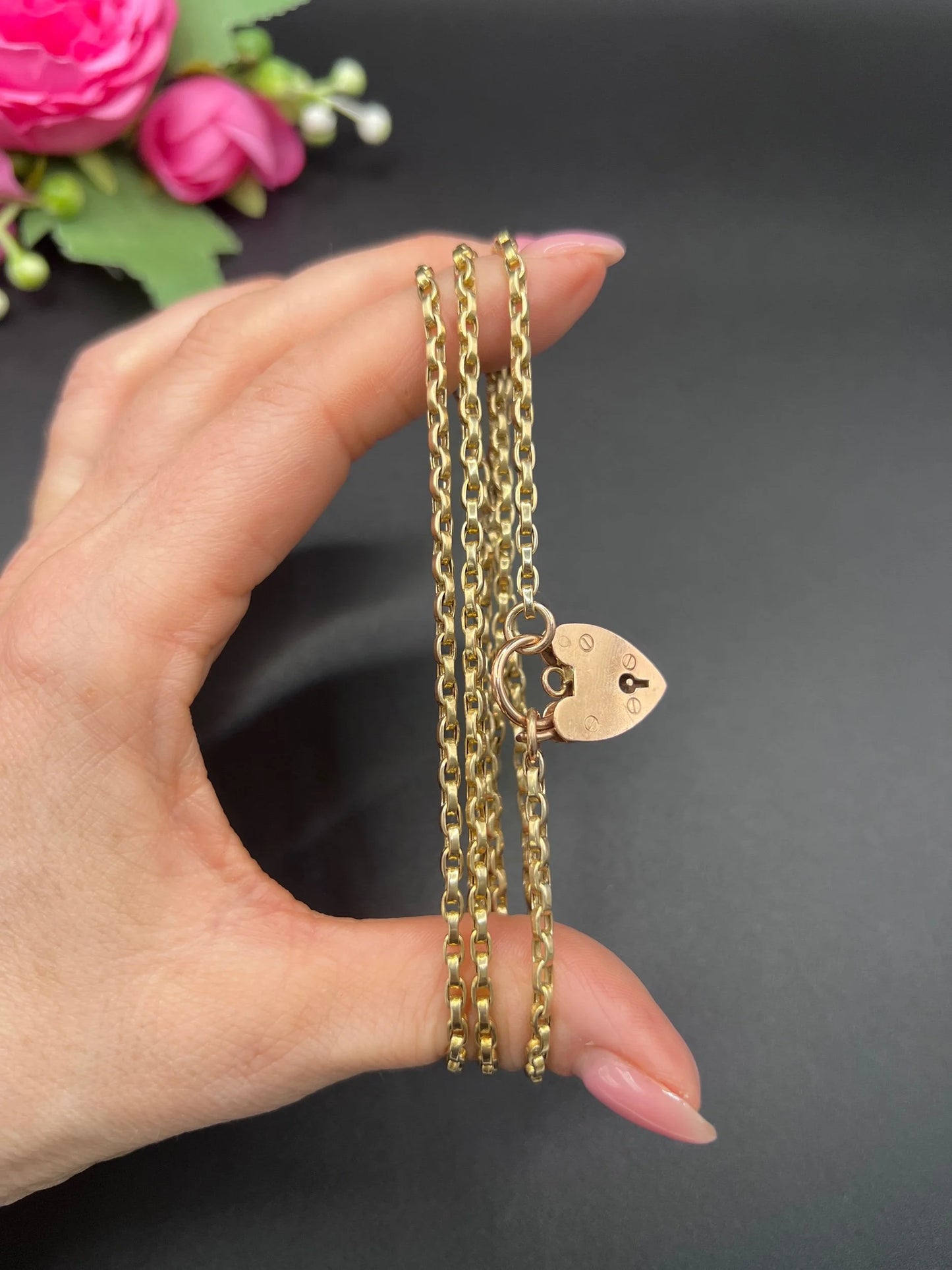 Victorian 9 Carat Yellow Gold Rolo Link Chain with Vintage Heart Padlock Clasp