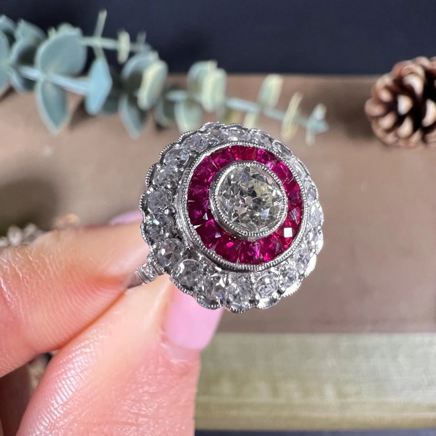 A round cluster ring with rubies and diamonds in white gold, held by a hand