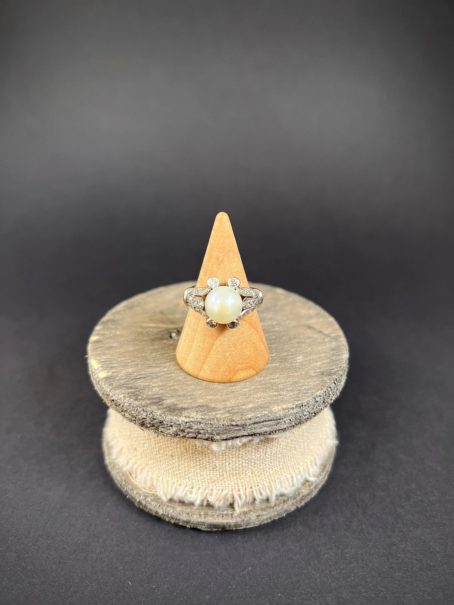 Antique 18ct White Gold, Edwardian Cultured Pearl & Old Cut Diamond Ring