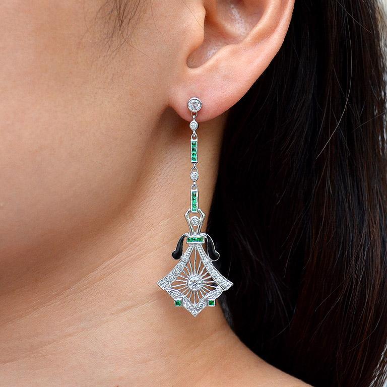 Art Deco Style Diamond Drop Earrings with Emeralds and Black Enamel