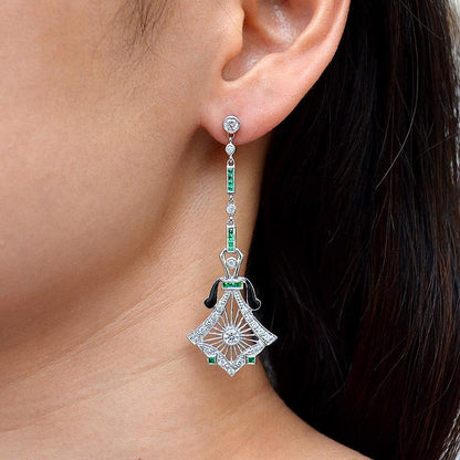 Art Deco Style Diamond Drop Earrings with Emeralds and Black Enamel