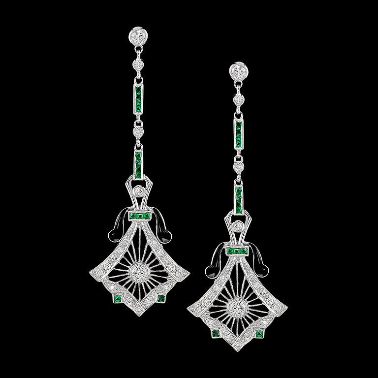 Art Deco Style Diamond Drop Earrings with Emeralds and Black Enamel