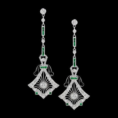 Art Deco Style Diamond Drop Earrings with Emeralds and Black Enamel