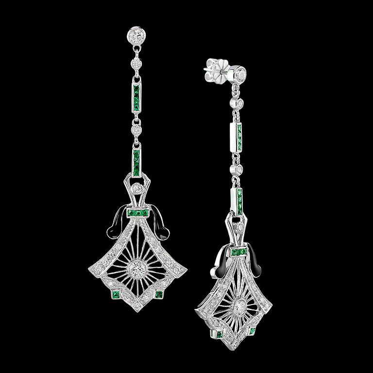 Art Deco Style Diamond Drop Earrings with Emeralds and Black Enamel