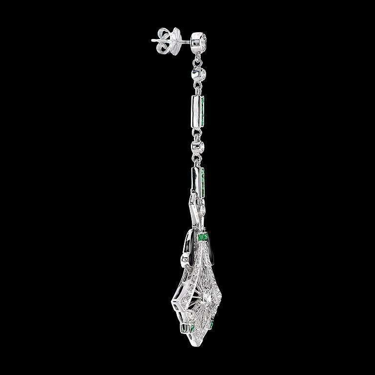 Art Deco Style Diamond Drop Earrings with Emeralds and Black Enamel