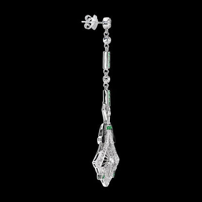 Art Deco Style Diamond Drop Earrings with Emeralds and Black Enamel